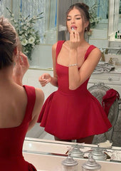 A-Line Red Satin Square Neck Party Dress for Homecoming