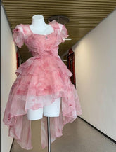 Pink Tulle A-Line Homecoming Dress Short Sleeve Party Gown