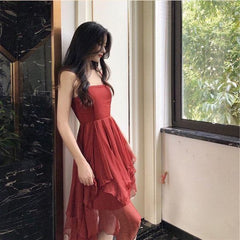 A-Line Spaghetti Strap Asymmetric Ruffled Tulle Evening Dress for Prom