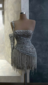 Silver Sequin Beaded One-Shoulder Cocktail Dress with Tassel Fringe