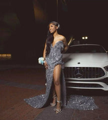 Silver Gray Mermaid Sequin Evening Prom Dress for Women Party