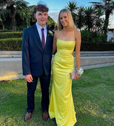 Yellow Satin Mermaid Prom Dress with Open Lace-Up Back