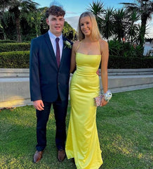 Yellow Satin Mermaid Prom Dress with Open Lace-Up Back