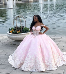 A-Line Pink Off-Shoulder Quinceañera Tulle Ball Gown Dress