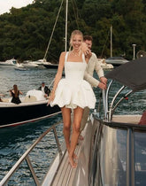 Satin A-Line Short White Party Dress with Built-In Bra