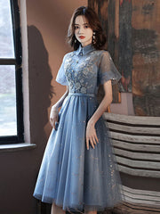 Elegant Blue Tulle Lace Short Prom Dress with Puffy Skirt