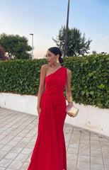 Elegant Red Mermaid One-Shoulder Prom Dress Chiffon Fitted Gown