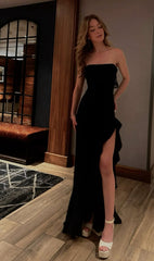 Black Strapless Satin Prom Evening Gown with Built-In Bra