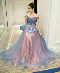 Gray Blue Tulle Off Shoulder Long Evening Prom Dress