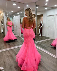 Mermaid Spaghetti Strap Hot Pink Lace Tulle Long Prom Dress