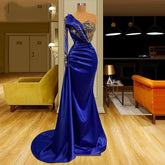 One Shoulder Long Sleeve Satin Mermaid Prom Dress Evening Gown