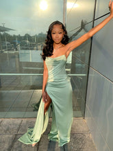 Green Satin Mermaid Maxi Dress Side Slit Built-In Bra