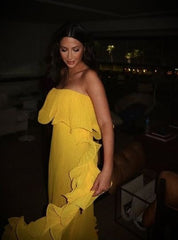 Elegant Yellow Pleated Prom Dresses Long Evening Gowns Formal Party Wear