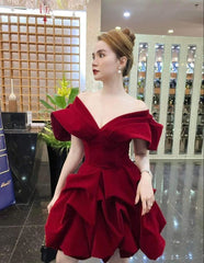 Burgundy Satin A-Line Off-Shoulder Homecoming Prom Cocktail Sleeveless Gown