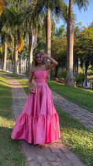 Hot Pink Strapless Satin A-Line Long Prom Dress with Bra