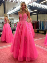 V-Neck Pink A-Line Lace Tulle Long Prom Evening Dress