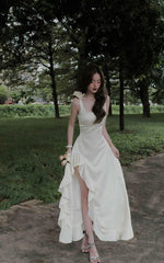 Ivory A-line Asymmetric Ruffled Satin Prom Evening Gown