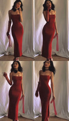 Burgundy Satin Mermaid Spaghetti-Strap Evening Prom Dress with Built-in Bra