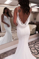 Mermaid V-Neck Satin Wedding Dress with Lace Appliques Backless