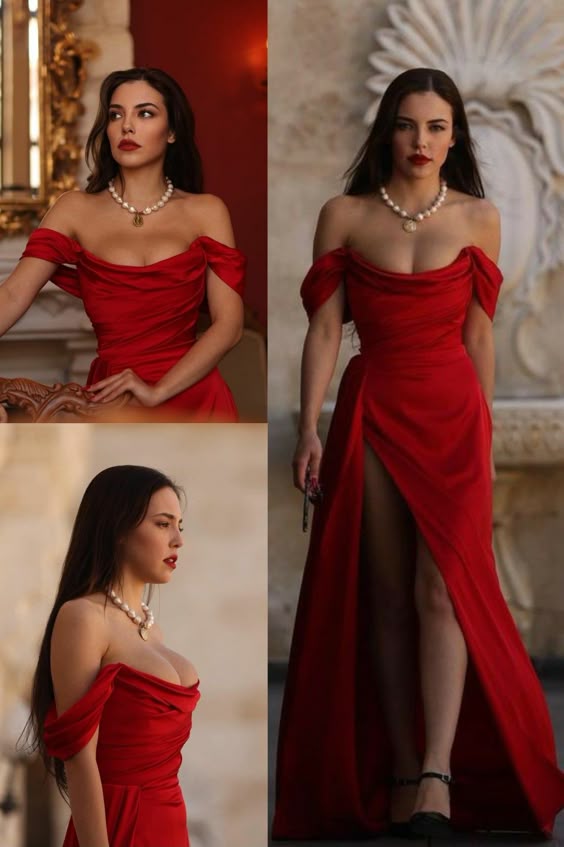 Off-Shoulder Satin Mermaid Prom Dress with Side Slit Red