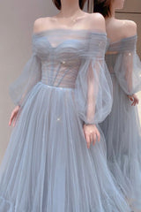 Blue Tulle Long Prom Dress with Built-In Bra and Zipper