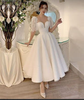 A-Line Tea-Length Lace Wedding Dress with Short Sleeves and Bra