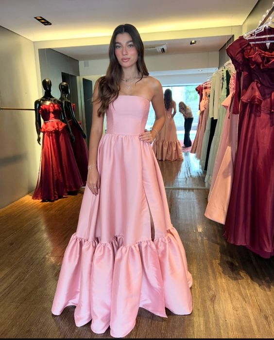 Pink Satin Strapless A-Line Evening Prom Dress with Built-In Bra