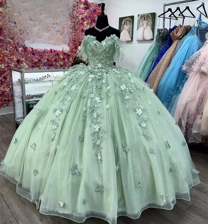 Green Tulle Quinceañera Ball Gown Off-Shoulder Appliqué Sweet 16 Dress