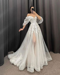 Ivory A-Line V-Neck Long Bridal Dress with Short Sleeves