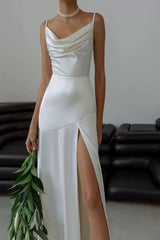 Beautiful Spaghetti Straps Satin Sleeveless Mermaid White Prom Dress