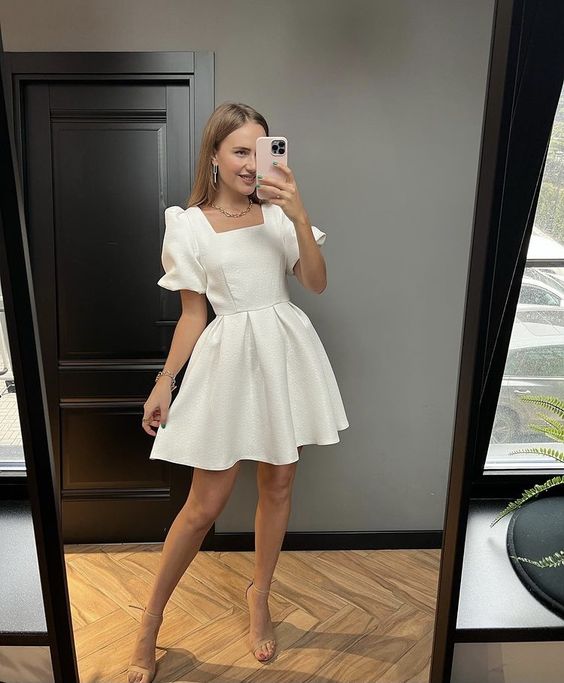 Satin Short White Homecoming Prom Dress with Zipper Back