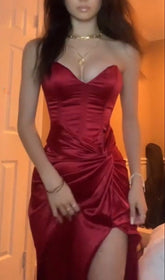 Burgundy Strapless Long Prom Evening Dress With Slit And Satin Fabric