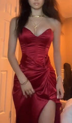 Burgundy Strapless Long Prom Evening Dress With Slit And Satin Fabric