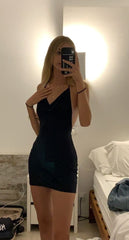 Black Satin Sleeveless Homecoming Party Dress with Built-in Bra