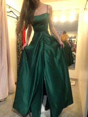 Green Satin Lace-Up Prom Dress with Built-In Bra
