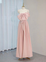 Satin A-Line Pink Prom Dress Long Formal Gown with Lace-Up