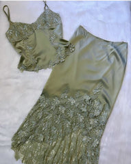 Satin Two-Piece Evening Gown Prom Dress with Built-In Bra