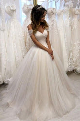 Ivory Off-Shoulder Tulle Wedding Gown with Pleated Skirt and Lace-Up