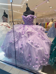 Lavender Tulle Quinceanera Ball Gown Prom Princess Dress Lace-Up