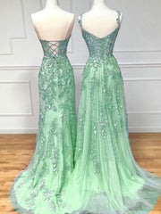 Stunning A-Line Green Tulle Lace Long Prom Evening Dress
