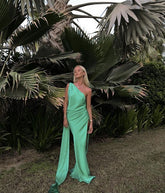 Satin One-Shoulder Long Evening Prom Dress with Built-In Bra