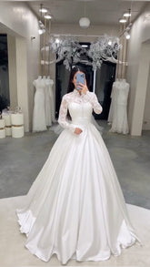 Elegant Satin Lace Wedding Bridal Gown Long Dress For Women