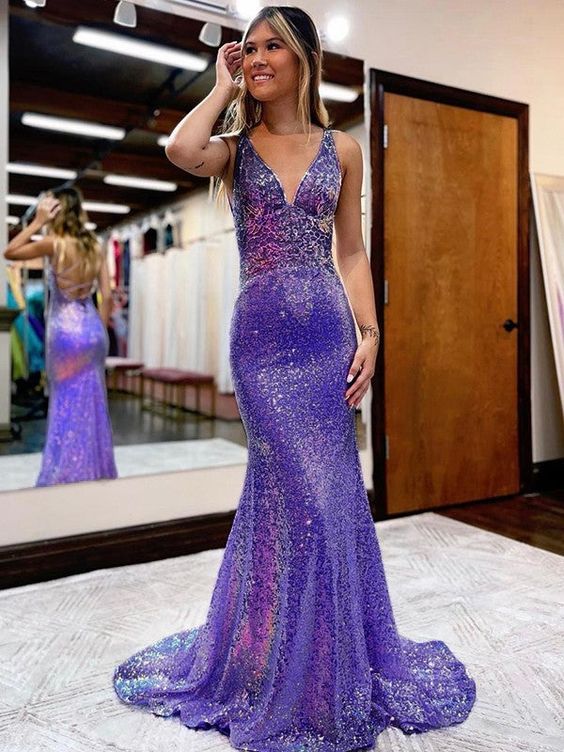 Sequin Sheath Column V-Neck Court Train Prom Dress Lace-Up Back