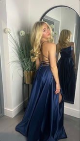 Navy Satin Long Prom Dress Lace-Up Back Built-In Bra