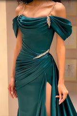 Off-Shoulder Dark Green Satin Beaded Prom Evening Gown