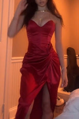 Burgundy Strapless Long Prom Evening Dress With Slit And Satin Fabric