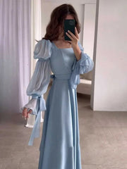 Light Blue Tiered Chiffon Puff-Sleeve Long Evening Dress