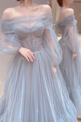 Blue Tulle Long Prom Dress with Built-In Bra and Zipper