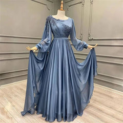 Elegant Blue Chiffon Evening Gown with Embellished Long Sleeves