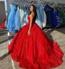 3D Floral Red Quinceañera Ball Gown with Sequins Tulle